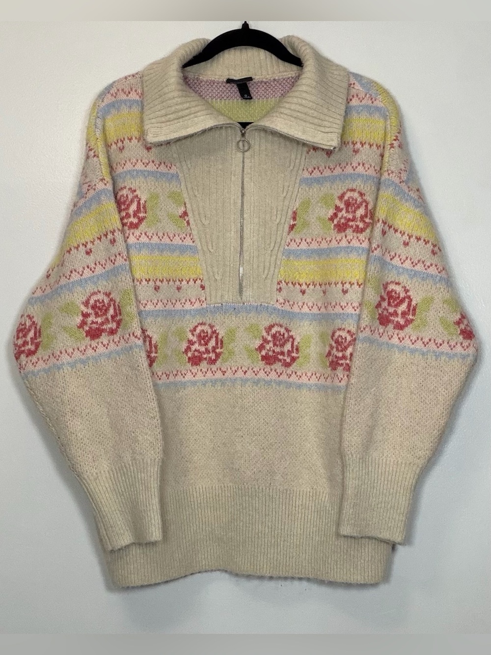 torrid Cream Zip-Up Sweater with Pink Floral and Pastel Stripes - Men